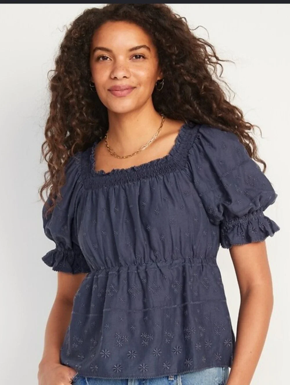 NWT Old Navy Blue Eyelet Smocked Off Shoulder Puff Sleeve Peasant Blouse Sz M